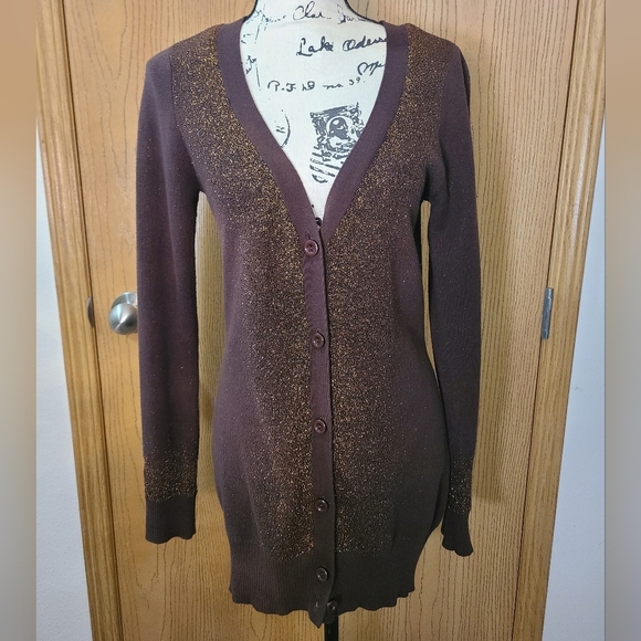 Silver Jeans Brown Gold Metallic Button Up Cardigan Sweater - Picture 1 of 4
